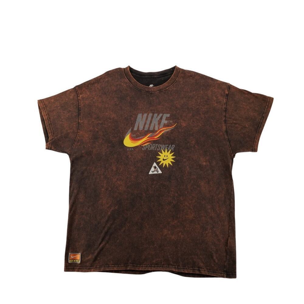 Nike Sportswear USA Acid Wash Brown Graphic Tee Flame Swoosh Sun Logo XL